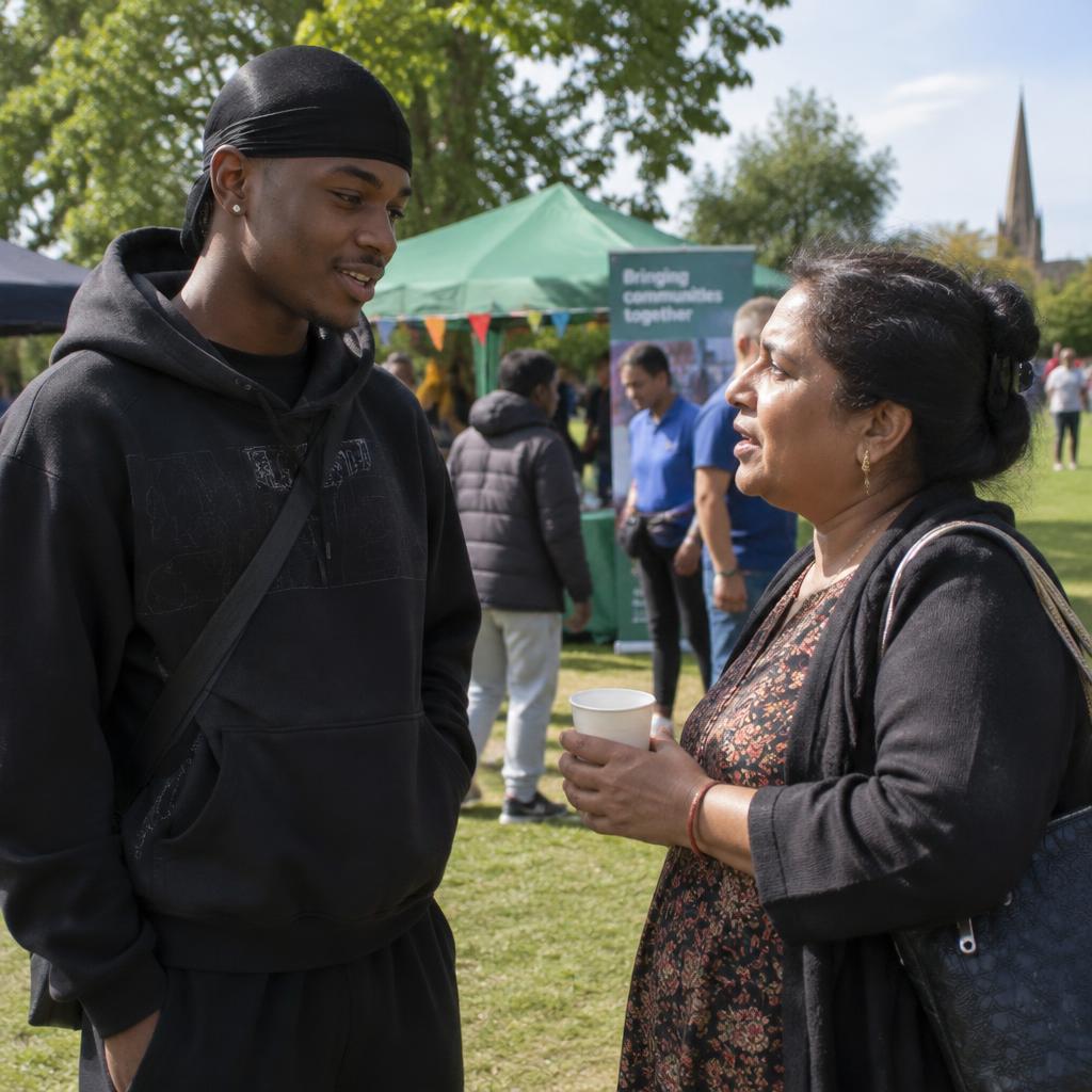 A young man and an older woman chatting at an outdoor community event in a park
