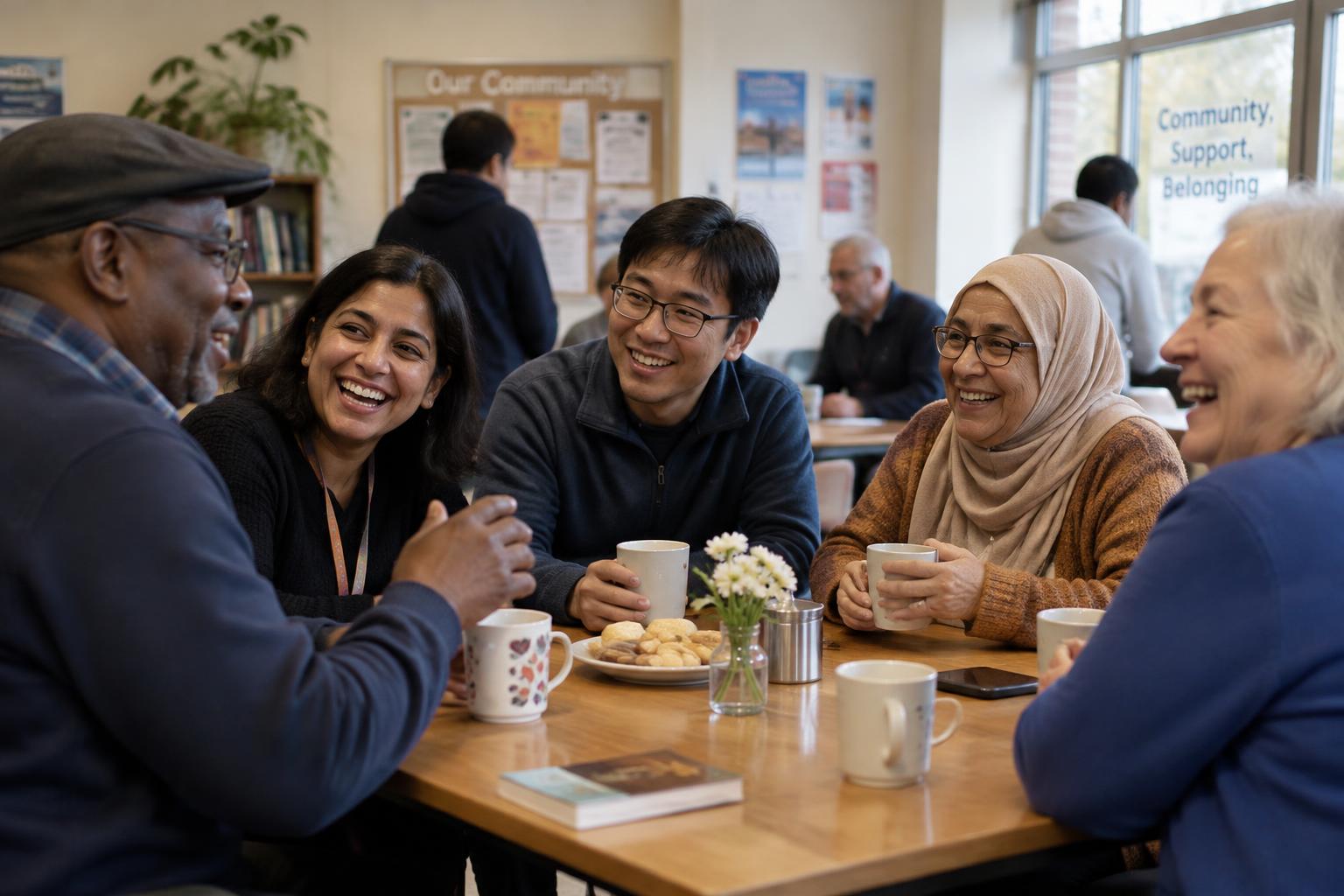 People of different ages and backgrounds laughing over tea at a community centre table