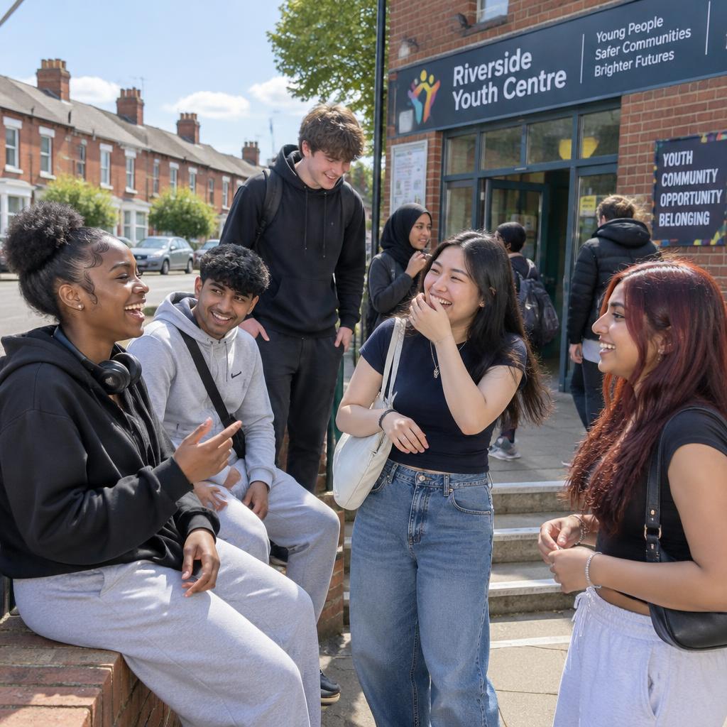 A group of young people laughing and chatting outside a youth centre on a sunny street of red-brick terraced houses